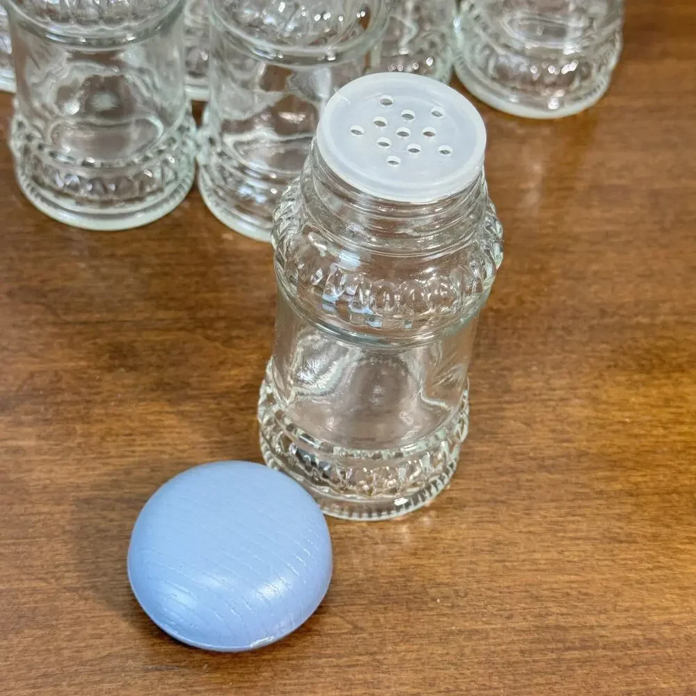 Set of 7 Vintage Clear Glass Shakers with Country Blue Plastic Caps Spice Salt